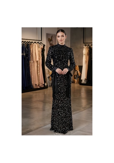 Dorne Moda Payetli Kemer Detaylı Uzun Kollu Balık Model Abiye Elbise Altın Altın