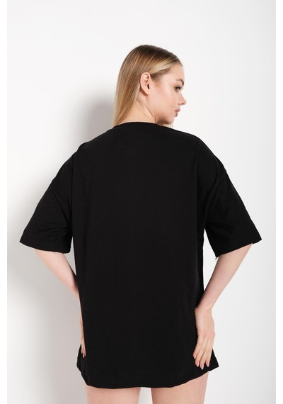 Flood Of Style Kadın Siyah Happıness Baskılı Oversize Tshirt