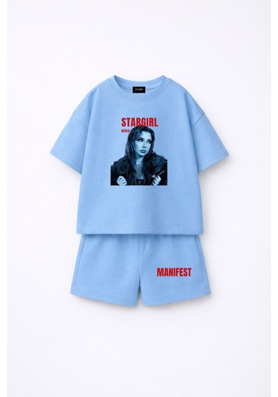 Fasardi Manifest Girls Mina Baskılı Oversize %100 Pamuk Tişört Şort 2li Çocuk Takım Mavi