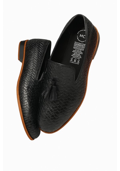 Growish Gr0239 Örgü Desenli Hakiki Deri Balık Sırtı Desen Püsküllü Sofistike Topuklu Erkek Loafer Babet Ayakkabı Siyah Deri