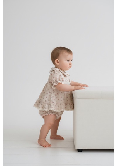 Babymuz Kız Bebek Çiçek Desenli Elbise Ve Külot İki Parça Bej