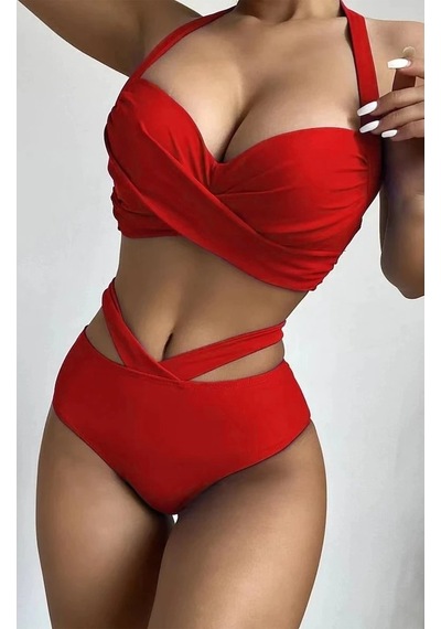 Özel Tasarım Detseksiz Kaplı Çapraz Kırmızı Bikini Takım (551646179)