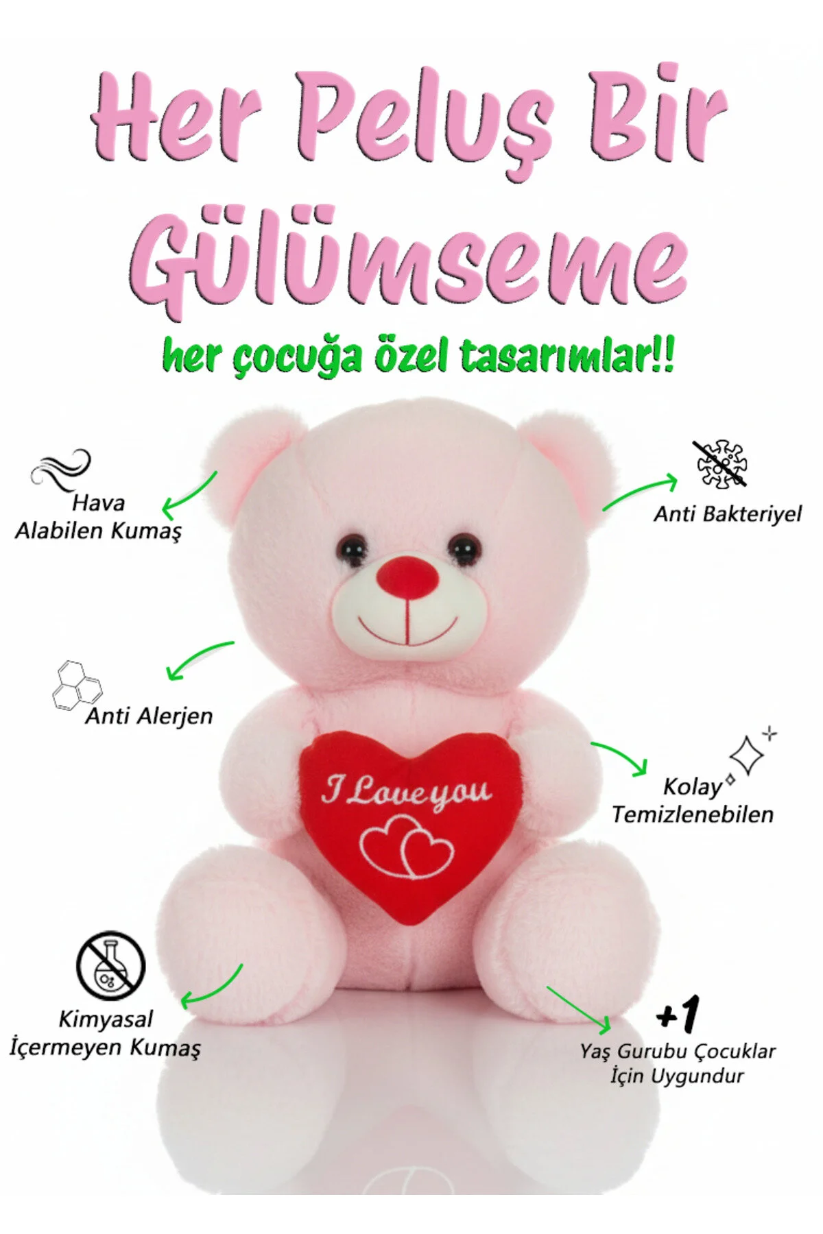Ayıcık Kalpli 35cm - Sevimli & Yumuşak Açık Pembe