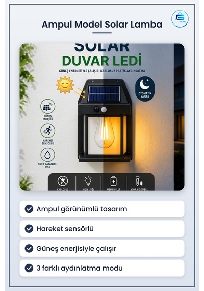 Ampul Model Solar Led Duvar Aplik Hareket Sensörlü Güneş Enerjili