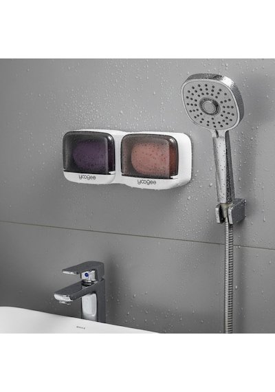 Buffer Duvara Monte İkili Kapaklı Plastik Katı Sabunluk Organizer Banyo & Mutfak İçin Yapışkanlı Sabun Kutusu Ve Düze Beyaz