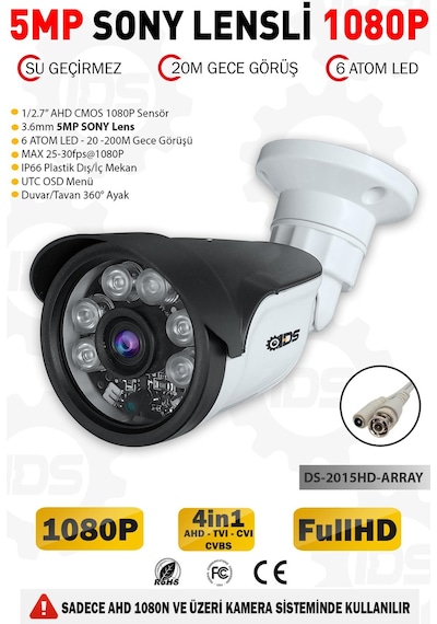 5MP SONY LENSLİ 1080P 6 ATOM LED GECE GÖRÜŞLÜ SU GEÇİRMEZ PLASTİK