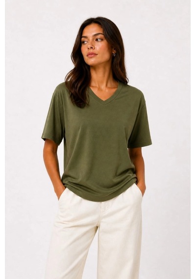 Wear Vexel Kadın V Yaka Basic Tişört Kısa Kol Yazlık Regular Fit T-shirt - Haki Haki