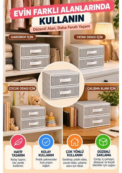 2 Katlı Çekmece Organizer Gri Çizgili Çorap İç Çamaşırı Dolap İçi Düzenleyici 31x30x22 Cm Organizer.