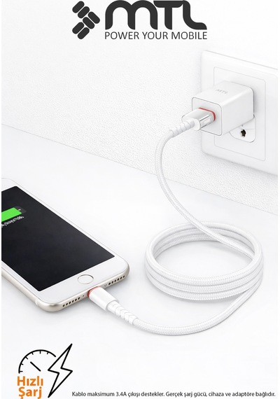 3.4a Usb To Apple Uyumlu iPhone Lightning Hasır Hızlı Şarj Ve Data Aktarım Kablosu 1 Metre Beyaz Mt2016
