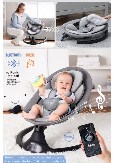 Kiwi Eggyone Elektrikli Otomatik Sallanan Bebek Ana Kucağı, 5 Farklı Sallanma Hızı, Oyuncaklı- Snow