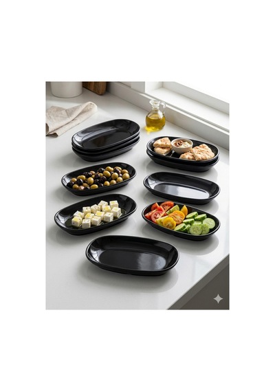 6 Adet 19x11 Cm Siyah Melamin Kayık Sunum Tabağı Seti - Kahvaltılık & Mezelik Oval Tabak Beyaz