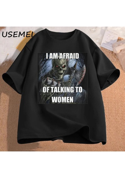 Startmore Ben Kadın T-shirt Erkek Pamuk Kısa Kollu Tees İle Konuşmaktan Korkuyorum Komik Sert İskelet M 3016 Siyah
