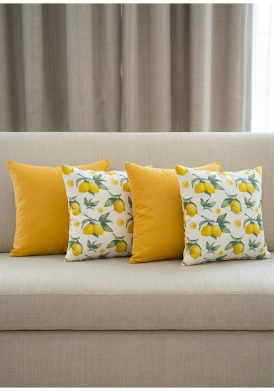 4'lü 43x43 Cm Kare Sarı Düz Limon Çiçek Desenli Dekoratif 4 Parça Kırlent Kılıfı Akdeniz Esintisi Sarı Yeşil