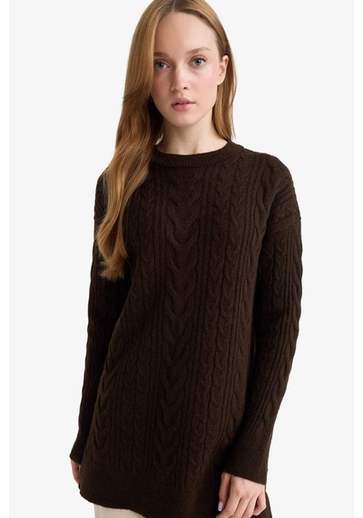 Defacto Relax Fit Bisiklet Yaka Triko Kazak Tunik F4530ax25wnbn341 Kahve-bn341