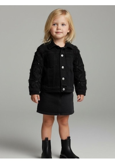 Zekids Kız Çocuk Çiçek İşlemeli Tasarım Ceket-17123 Siyah