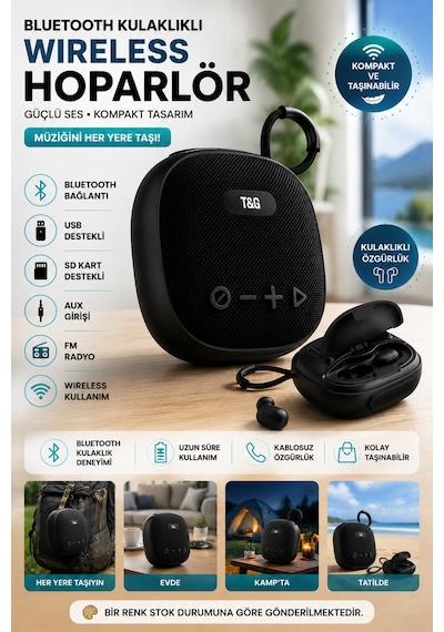 Bluetooth Kulaklıklı Taşınabilir Hoparlör 5w Usb Sd Aux Fm 1500 Mah Kablosuz Speaker Bluetooth V5.3
