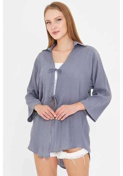 Armonika Kadın Açık Gri Gömlek Yakalı Önden Bağcıklı Kimono Gömlek Arm-25k001006