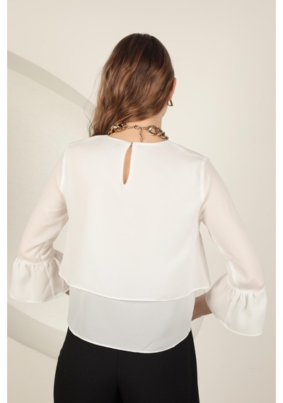 Chicnhappy Krep Kumaş Kolları Volanlı Kadın Bluz 24en2036011 Ekru
