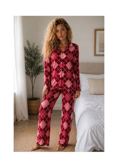 Fit Women Kadın Örme Gömlek Yaka Kırmızı Pijama Takımı