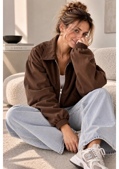 Bb Butik Basic Mevsimlik Fermuarlı Bomber Ceket Oversize Rahat Kalıp Fs3434 Kahverengi Bb Butik Basic Mevsimlik Fermuarlı Bomber Ceket Oversize Rahat Kalıp Fs3434 Kahverengi