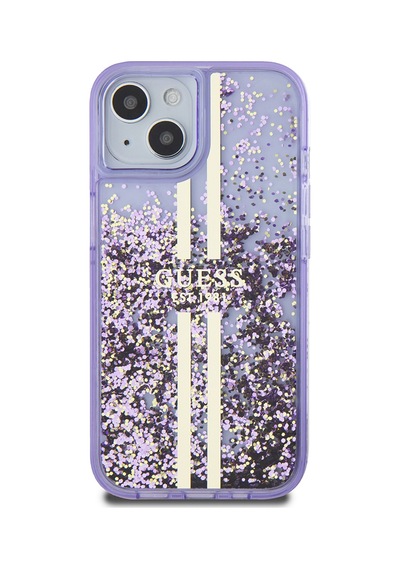 Apple Uyumlu iPhone 14 Kılıf Guess Lisanslı Transparan Sıvılı Simli Altın Çizgili Kapak Mor