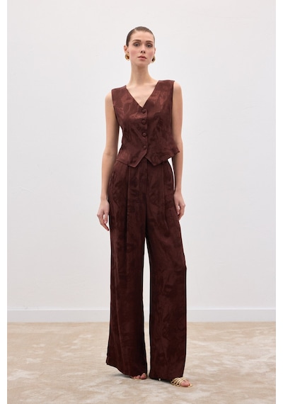 Sateen Jakarlı Bol Pantolon - Kahve-136817 Kahve