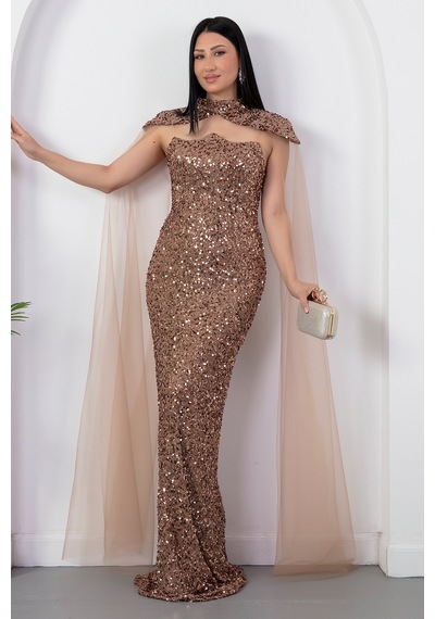 Kalopya Straplez Yaka Bolerolu Pullu Abiye Elbise Ecr5683 Gold