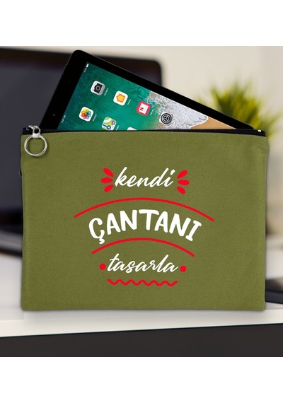 Bk Gift Kişiye Özel Kendin Tasarla Yeşil Tablet Çantası 30x21cm, Ipad Çantası, Baskılı Tablet Kılıfı