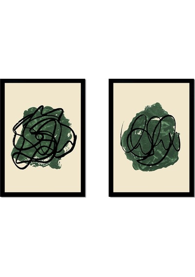 Yeşil Soyut Line Art İkili Çerçeveli Mdf Tablo Seti-173808