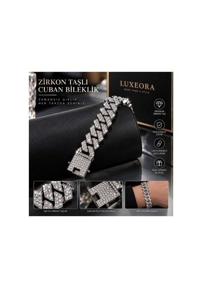 Gold Zirkon Taşlı Cuban Zincir Bileklik Erkek Paslanmaz Çelik Gümüş - 920694167 Gümüş