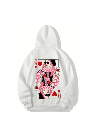 Brz Collection Unisex Oversize Queen Of Hearts Iskambil Kızı Q Hoodıe Beyaz