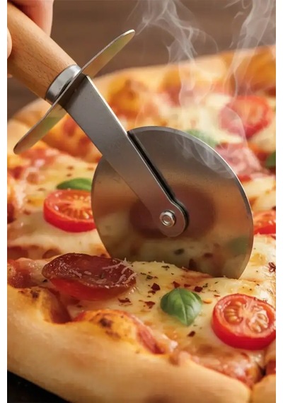 Ahşap Saplı Pizza Kesici Paslanmaz Çelik Bıçaklı, Pratik, Dayanıklı Ve Ergonomik Çelik