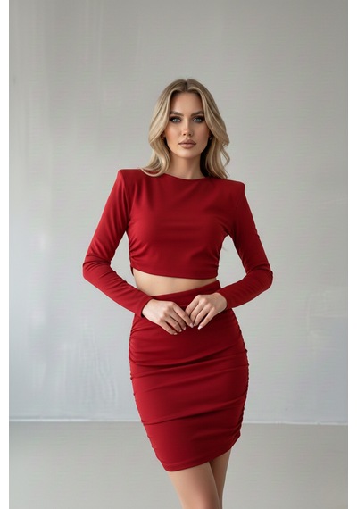 Defymoda Kadın Davet Şıklığı Vatkalı Elbise Kırmızı