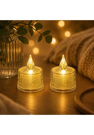 Led 2 Adet Dekoratif Mum Sarı Işık Alev Efektli Tealight Gece Lambası Beyaz