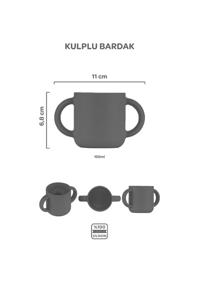 Silikon Beslenme Seti 4'lü Platinium Gri / Mama Önlüğü, Mama Tabağı, Bandırma Kaşığı, Kulplu Bardak Gri