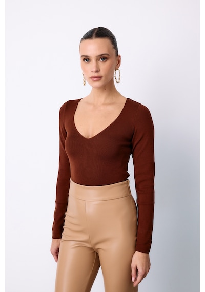 Sateen V Yaka Triko Crop - Kahve-129488