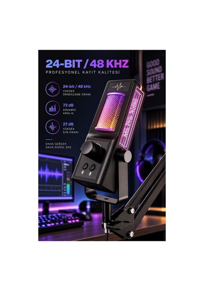 Robeve Yk Mc671 Profesyonel Yayıncı Mikrofonu Ve Oyuncu Mikrofonu Rgb Aydınlatmalı Mikrofon, Gürültü Azaltma, Ses Kontrolü Ve Ayarlanabilir Masa Uzatma Kollu Gaming Mikrofon