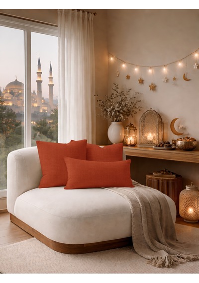 Br Perle Kiremit Keten Dokulu Dekoratif Kırlent Kılıfı Modern Salon Koltuk Yastığı