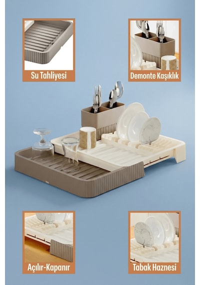 Krem Uzayabilir Sürgülü Bulaşık Sepeti, Lavabo/tezgah Üstü Açılır Kapanır Bulaşıklık Kurutma Sepeti Krem
