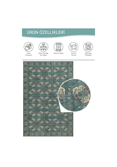 Artloop Relic Yeşil / Krem Vintage Dokulu Klasik Desenli Dokuma Tabanlı Şönil Halı Al 488 Yeşil - Krem