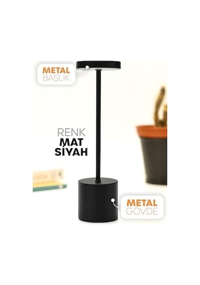 Şarjlı Masa Lambası Metal Abajur Dokunmatik 3 Işık Parlaklık Ayarlı Gece Masa Üstü Lamba Siyah .