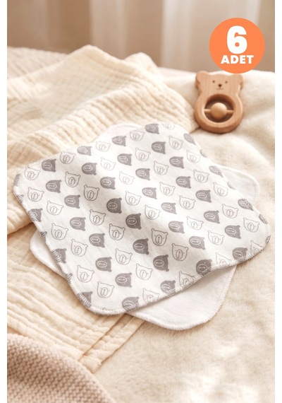 Just Inner Erkek Bebek 6'lı %100 Pamuk Ağız Mendili Ayıcık Desenli Kutulu Set Nefes Alan Doku 582201 Krem