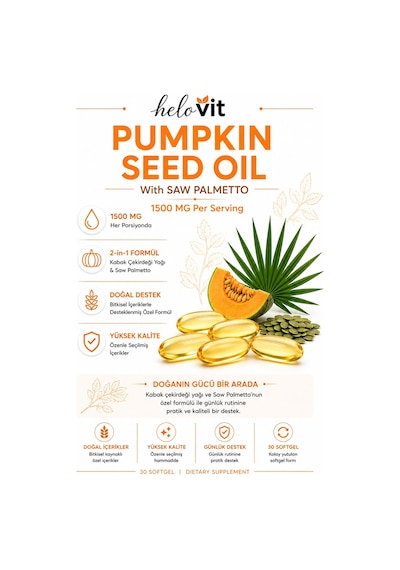 Helovit Pumpkin Seed Oil Softjel 1500 Mg & Saw Palmetto İçeren 2-in-1 Erkek Sağlığı Ve Doğal Destek 30 Softjel