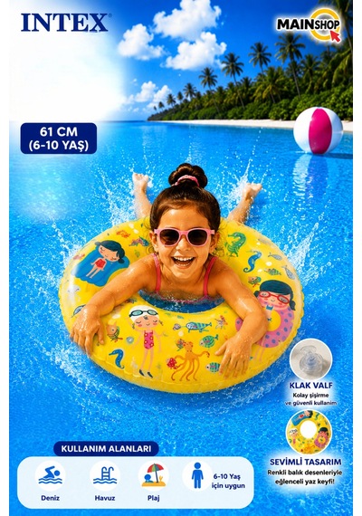 Mainshop Intex Şeffaf Baskılı Çocuk - Deniz Simidi 61 Cm 6-10 Yaş - Renkli Yüzme Simidi M-59242