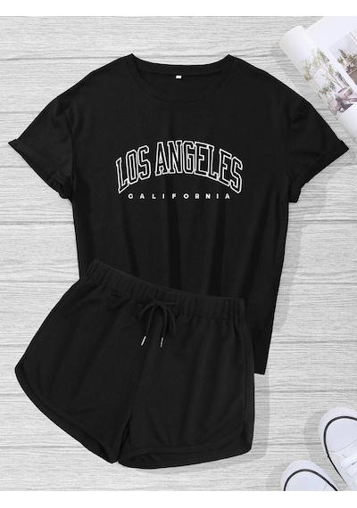 Los Angeles T-shirt Şort - Siyah 2'li Kombin Şort Tişört Takım Baskılı Oversize Bisiklet Yaka Siyah Los Angeles T-shirt Şort - Siyah 2'li Kombin Şort Tişört Takım Baskılı Oversize Bisiklet Yaka Siyah