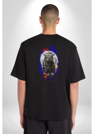 Baykuş Ay Gece Uğur Pamuklu Unisex Oversize Sırt Dijital Baskılı Siyah T-shirt Siyah