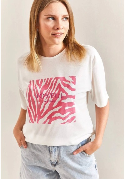 Baskılı Basic Bisiklet Yaka Örme T-shirt Önü Pembe