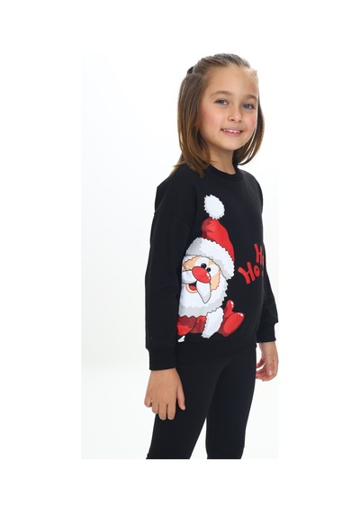 Toontoy Kız Çocuk Regular Fit Bisiklet Yaka Düşük Omuz Baskılı Sweatshirt - 2 İplik Siyah