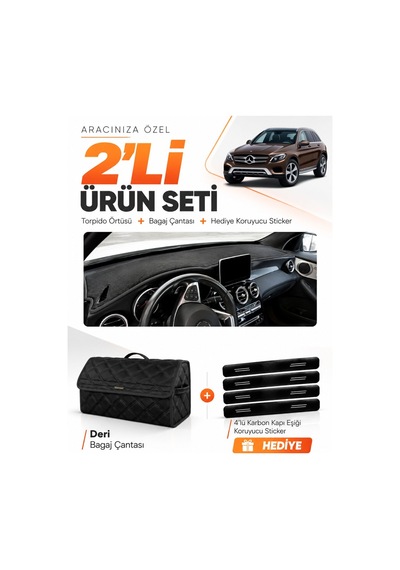 E-biz Mercedes Glc 2015-2020 Uyumlu Torpido Örtüsü + Deri Bagaj Çantası Seti - Siyah - Mb015