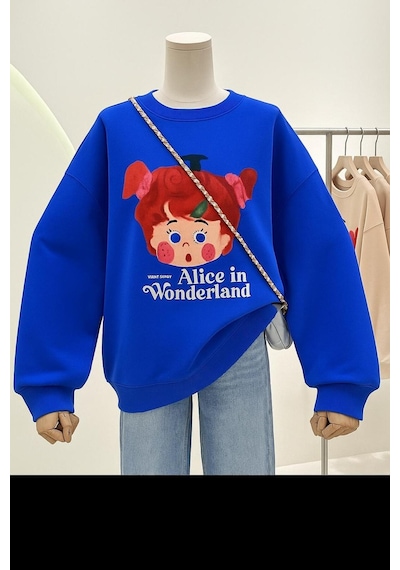 Benroma 3 İplik Penye Alice İn Wonderland Baskılı Unisex Sweatshırt Çok Renkli